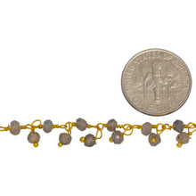 Load image into Gallery viewer, Brass Gold Plated 3.35mm Width by 2.44mm Length Natural Hand Cut Labradorite Stone, With One of 3.12mm Width by 2.51mm Length Labradorite Stone Hanging off the Chain, Gem Stone Chain. Price per: 1 Inch.
