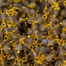 Load image into Gallery viewer, Brass Gold Plated 3.35mm Width by 2.44mm Length Natural Hand Cut Labradorite Stone, With One of 3.12mm Width by 2.51mm Length Labradorite Stone Hanging off the Chain, Gem Stone Chain. Price per: 1 Inch.