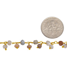 Load image into Gallery viewer, Brass Gold Plated 3.61mm Width by 2.25mm Length Natural Hand Cut Moon Stone, With One of 3.43mm Width by 2.35mm Length Moon Stone Hanging off the Chain, Gem Stone Chain. Price per: 1 Inch.