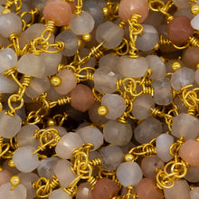 Load image into Gallery viewer, Brass Gold Plated 3.61mm Width by 2.25mm Length Natural Hand Cut Moon Stone, With One of 3.43mm Width by 2.35mm Length Moon Stone Hanging off the Chain, Gem Stone Chain. Price per: 1 Inch.