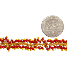 Load image into Gallery viewer, Brass Gold Plated 1.31mm Width by 2.75mm Length Cable Chain, With Two of 2.0mm Width by 1.6mm Length Coral Seed Bead Hanging off the Chain, Gem Stone Chain. Price per: 1 Inch.
