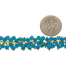 Load image into Gallery viewer, Brass Gold Plated 2.5mm Width by 3.6mm Length Cable Chain, With Two of 3.6mm Width by 2.8mm Length Sky Blue Chalcedony Stone Hanging off the Chain, Gem Stone Chain. Price per: 1 Inch.