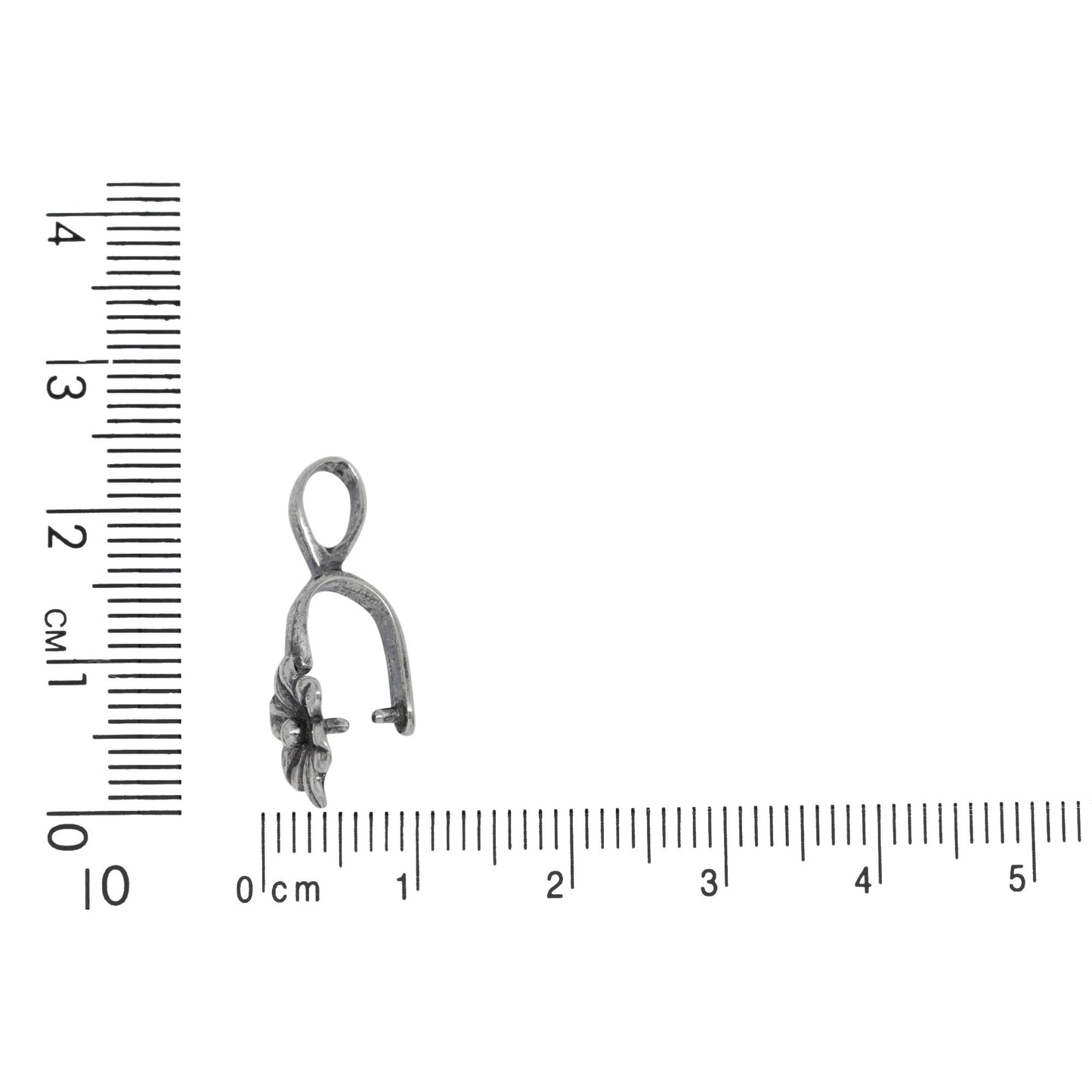 Sterling Silver Oxidized 9.6mm Width by 15.1mm Height, Flower Pinch Bail with 5.2mm Width by 7.2mm Height, Sliding Bail at the top. Quantity per pack - 2 Pieces.