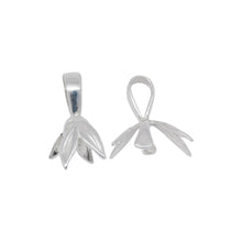 Load image into Gallery viewer, Bails. Sterling Silver 3.3mm Length by 5.2mm Width, Smooth Sliding Bail With 10.2mm Width by 8.0mm Length, Leafs towards the Bottom, Side to Side Pinch Bail at the Bottom. Quantity per pack - 5 Pieces.