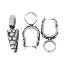 Load image into Gallery viewer, Sterling Silver Oxidized 3.0mm Length by 7.6mm Width, Smooth Sliding Bail With 10.7mm Width by 6.8mm Length, Dotted Textured Pinch Bail at the Bottom. Quantity per pack - 3 Pieces.