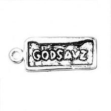 Load image into Gallery viewer, Charms. Sterling Silver, 7.2mm Width by 1.6mm Length by 18.9mm Height, GODSAVZ (God Saves) Vanity Plate Charm. Quantity Per Pack: 1 Piece.