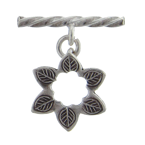 Fine Silver, Hill Tribe, 16.3mm Width by 19.6mm Height, Stamped Flower Toggle Clasp Ring, and 24.3mm Width by 7.0mm Height, Twisted Toggle Clasp Bar. Quantity Per Pack: 1 Pair.