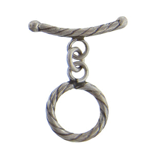 Fine Silver, Hill Tribe, 13.5mm Width by 17.8mm Height, Twisted Round Toggle Clasp Ring, and 21.1mm Width by 9.8mm Height, Twisted Curved Toggle Clasp Bar. Quantity Per Pack: 1 Pair.