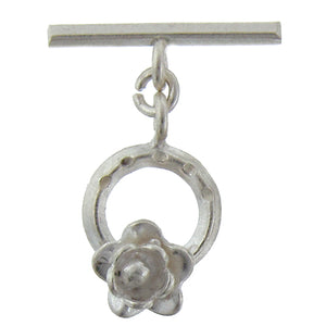 Fine Silver, Hill Tribe, 12.9mm Width by 17.2mm Height, Stamped Round Toggle Clasp Ring With Flower, and 21.8mm Width by 6.8mm Height, Plain Toggle Clasp Bar. Quantity Per Pack: 1 Pair.