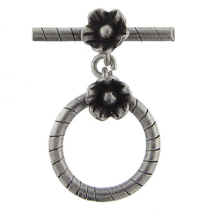 Fine Silver, Hill Tribe, 19.6mm Width by 24.1mm Height, Stamped Round Toggle Clasp Ring With Flower, and 25.3mm Width by 7.0mm Height, Stamped Toggle Clasp Bar With Flower. Quantity Per Pack: 1 Pair.