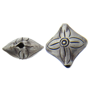 Fine Silver, Hill Tribe Bead, 17.3mm Width by 8.9mm Length by 18.1mm Height, Stamped Puffy Diamond Bead. Quantity per pack: 1 Piece.