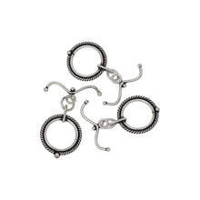 Load image into Gallery viewer, Sterling Silver Oxidized, 15.4mm Width by 19.9mm Height, Fancy Circle Toggle Clasp Ring and 21.5mm Width by 1.8mm Length, Curved Toggle Clasp Bar with Ball Ends. Quantity Per Pack: 2 Pairs.
