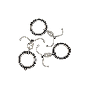 Sterling Silver Oxidized, 15.4mm Width by 19.9mm Height, Fancy Circle Toggle Clasp Ring and 21.5mm Width by 1.8mm Length, Curved Toggle Clasp Bar with Ball Ends. Quantity Per Pack: 2 Pairs.