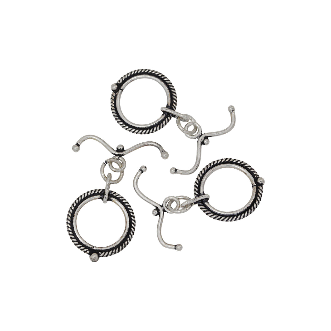 Sterling Silver Oxidized, 15.4mm Width by 19.9mm Height, Fancy Circle Toggle Clasp Ring and 21.5mm Width by 1.8mm Length, Curved Toggle Clasp Bar with Ball Ends. Quantity Per Pack: 2 Pairs.