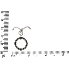 Load image into Gallery viewer, Sterling Silver Oxidized, 15.4mm Width by 19.9mm Height, Fancy Circle Toggle Clasp Ring and 21.5mm Width by 1.8mm Length, Curved Toggle Clasp Bar with Ball Ends. Quantity Per Pack: 2 Pairs.
