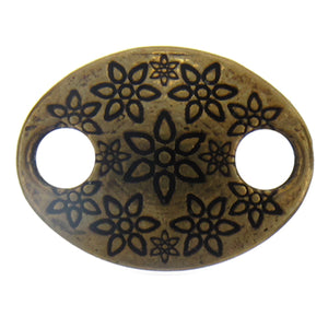 Brass Oxidized, 23.2mm Width by 17.7mm Length by 3.1mm Height, Stamped 2 Hole Oval Connector. Quantity Per Pack: 4 Pieces.