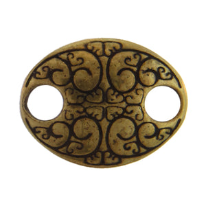 Brass Oxidized, 17.2mm Width by 13.3mm Length by 3.1mm Height, Stamped 2 Hole Oval Connector. Quantity Per Pack: 4 Pieces.