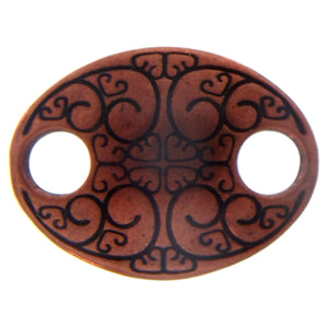 Copper Oxidized, 17.2mm Width by 13.3mm Length by 3.1mm Height, Stamped 2 Hole Oval Connector. Quantity Per Pack: 4 Pieces.