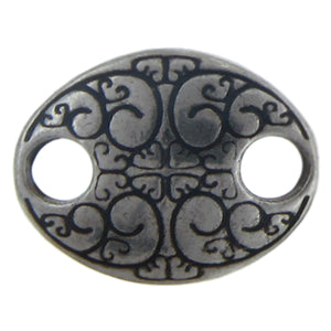 Base Metal Oxidized, 17.2mm Width by 13.3mm Length by 3.1mm Height, Stamped 2 Hole Oval Connector. Quantity Per Pack: 4 Pieces.