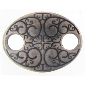 Base Metal Oxidized, 23.1mm Width by 17.6mm Length by 3.0mm Height, Stamped 2 Hole Oval Connector. Quantity Per Pack: 4 Pieces.