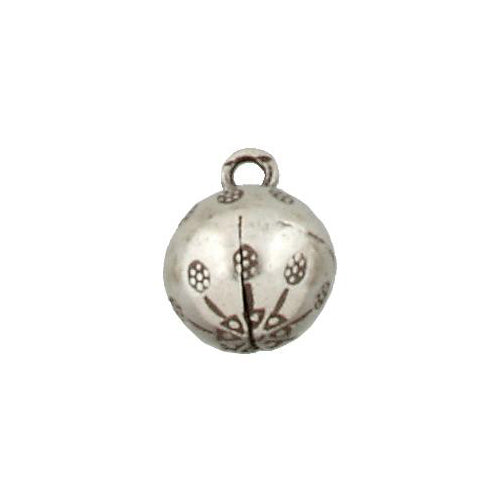 Fine Silver, Hill Tribe, 14.2mm Width by 14.2mm Length by 19.0mm Height, Stamped Round Charm With Bell. Quantity Per Pack: 2 Pieces.