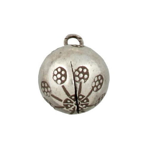 Fine Silver, Hill Tribe, 19.6mm Width by 19.6mm Length by 24.9mm Height, Stamped Round Charm With Bell. Quantity Per Pack: 1 Piece.