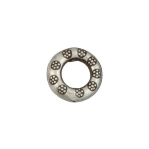 Fine Silver, Hill Tribe Bead, 14.9mm Width by 4.0mm Length by 14.8mm Height, Stamped Round Bead With 8.9mm Opening. Quantity per pack: 4 Pieces.