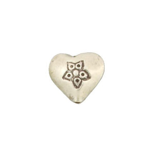 Fine Silver, Hill Tribe Bead, 15.7mm Width by 7.4mm Length by 13.3mm Height, Stamped Heart Bead. Quantity per pack: 4 Pieces.