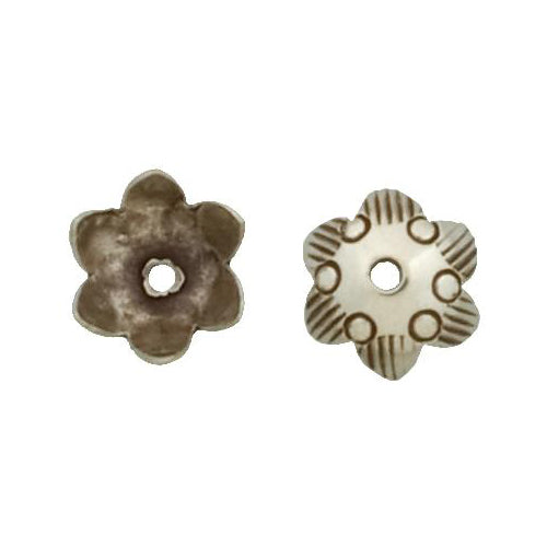 Fine Silver, Hill Tribe Bead, 13.3mm Width by 13.4mm Length by 6.2mm Height, Stamped Fancy Bead Cap. Quantity per pack: 6 Pieces.