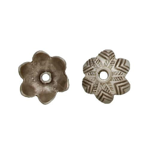 Fine Silver, Hill Tribe Bead, 13.8mm Width by 13.8mm Length by 8.0mm Height, Stamped Fancy Bead Cap. Quantity per pack: 6 Pieces.