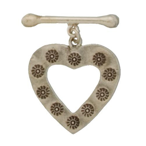 Fine Silver, Hill Tribe, 26.5mm Width by 29.6mm Height, Stamped Heart Toggle Clasp Ring, and 31.7mm Width by 8.4mm Height, Stamped Curved Toggle Clasp Bar. Quantity Per Pack: 2 Pairs.