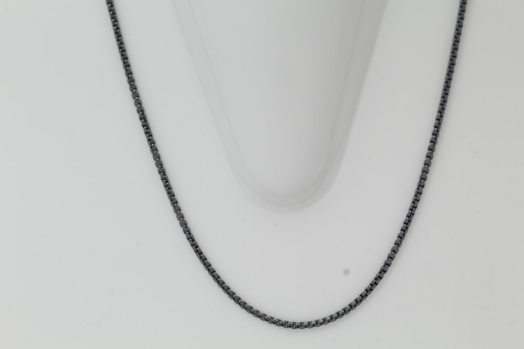 Sterling Silver Black Diamond, 1.8mm Width / Length, 24 Inch Rounded Box Chain with 6.0mm Width / Length by 1.4mm Thick, Smooth Spring Ring Clasp. Quantity Per Pack: 1 Piece.