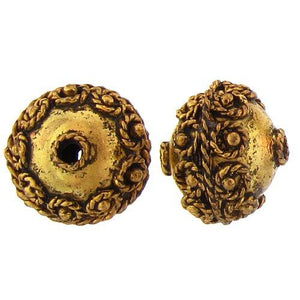 Pewter Gold Plated, 15.1mm Width / Length by 17.1mm Height, Fancy Textured Round Bali Bead. Quantity Per Pack: 2 Pieces.