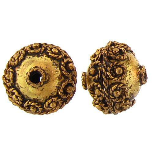 Pewter Gold Plated, 15.1mm Width / Length by 17.1mm Height, Fancy Textured Round Bali Bead. Quantity Per Pack: 2 Pieces.