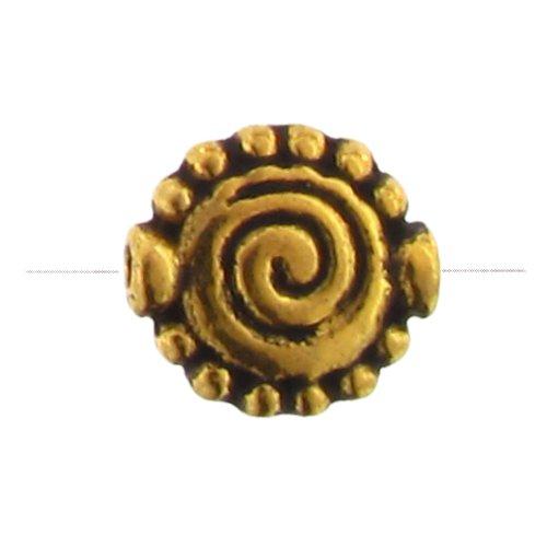 Pewter Gold Plated, 9.9mm Width by 3.7mm Length by 10.6mm Height, Textured Flat Round Bali Bead. Quantity per pack: 35 Pieces.