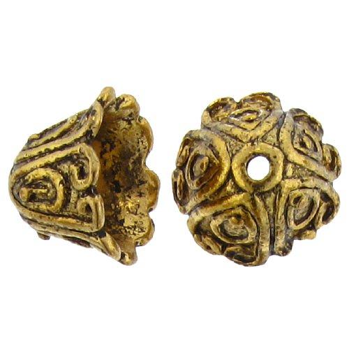 Pewter Gold Plated, 10.6mm Width / Length by 14.8mm Height, Fancy Flower Bali Bead Cap. Quantity Per Pack: 10 Pieces.