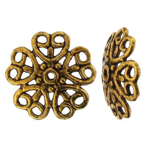 Pewter Gold Plated, 3.4mm Width / Length by 18.1mm Height, Fancy Filigree Flower Bali Bead Cap. Quantity Per Pack: 35 pieces.