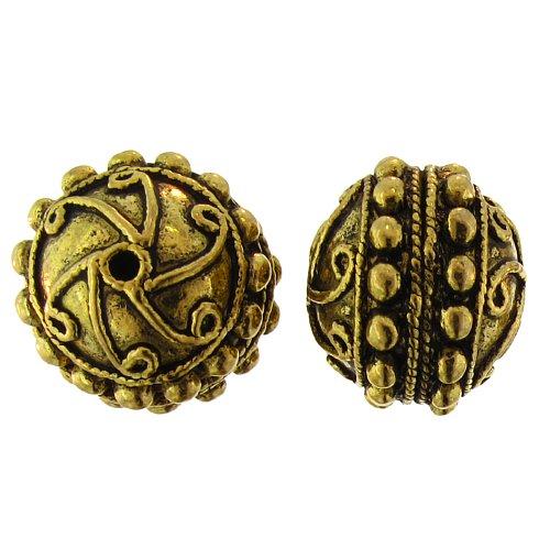 Pewter Gold Plated, 23.9mm Width / Length by 27.7mm Height, Fancy Textured Round Bali Bead. Quantity Per Pack: 1 Piece.