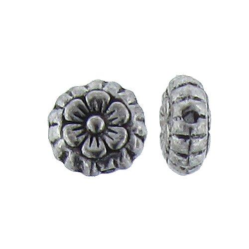 Pewter, 7.0mm Width by 3.5mm Length / Thickness, Flat Textured Flower Bali Bead. Quantity Per Pack: 66 Pieces.