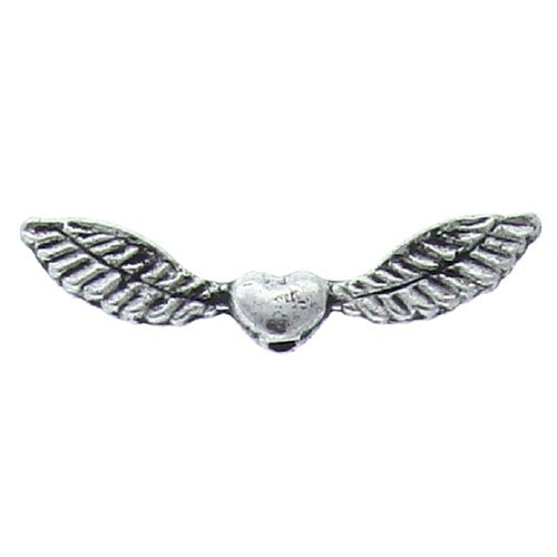 Pewter, 24.1mm Width by 3.0mm Length by 6.5mm Height, Heart Wings Bead. Quantity per pack: 54 Pieces.