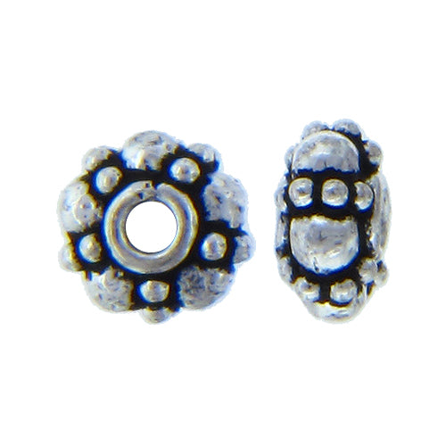 German Silver, 7.6mm Width by 7.6mm Length by 4.3mm Height, Textured Bali Bead. Quantity per pack: 50 Pieces.