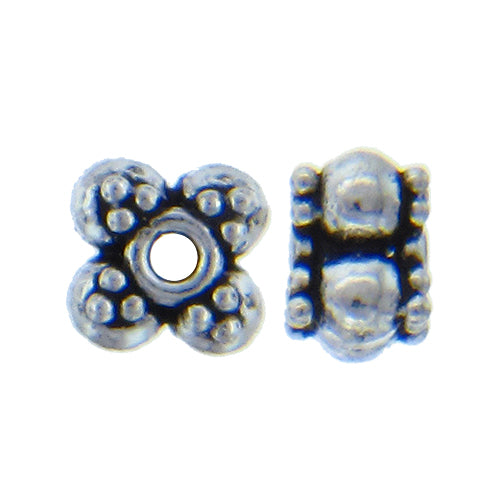 German Silver, 6.7mm Width by 6.6mm Length by 4.9mm Height, Textured Bali Bead. Quantity per pack: 43 Pieces.