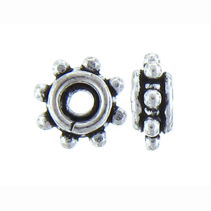 German Silver, 4.6mm Width by 9.3mm Length / Height, Beaded Textured Round Bali Bead. Quantity Per Pack: 49 Pieces.