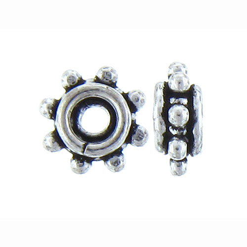 German Silver, 4.6mm Width by 9.3mm Length / Height, Beaded Textured Round Bali Bead. Quantity Per Pack: 49 Pieces.