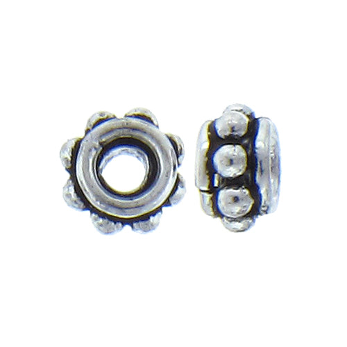 German Silver, 6.5mm Width by 6.4mm Length by 3.8mm Height, Textured Roundel Bali Bead. Quantity per pack: 54 Pieces.