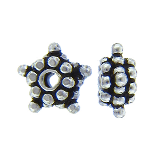 German Silver, 9.2mm Width by 9.4mm Length by 4.4mm Height, Textured Star Bali Bead. Quantity per pack: 48 Pieces.