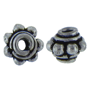 German Silver, 6.1mm Width by 8.0mm Length / Height, Beaded Textured Round Bali Bead. Quantity Per Pack: 36 Pieces.