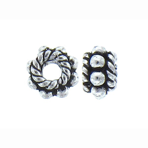 German Silver, 6.6mm Width by 6.4mm Length by 3.9mm Height, Textured Roundel Bali Bead. Quantity per pack: 52 Pieces.