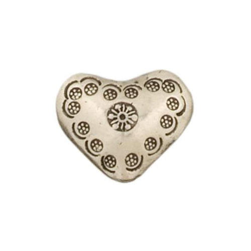 Fine Silver, Hill Tribe Bead, 22.1mm Width by 8.2mm Length by 17.3mm Height, Stamped Puffy Heart Bead. Quantity per pack: 2 Pieces.