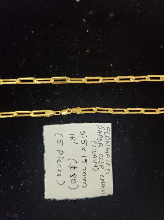 14kt Gold Filled Elongated paper clip chain. Size5.5x15 mm Paper clip Chain. Quantity per pack: 1 Pieces.